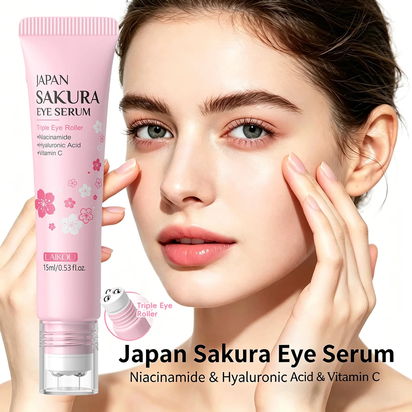 LAIKOU Siero Contorno Occhi Sakura con Applicatore a Rullo 15ml, Niacinamide Acido Ialuronico Vitamina C, Essenza Idratante per la Cura Quotidiana degli Occhi