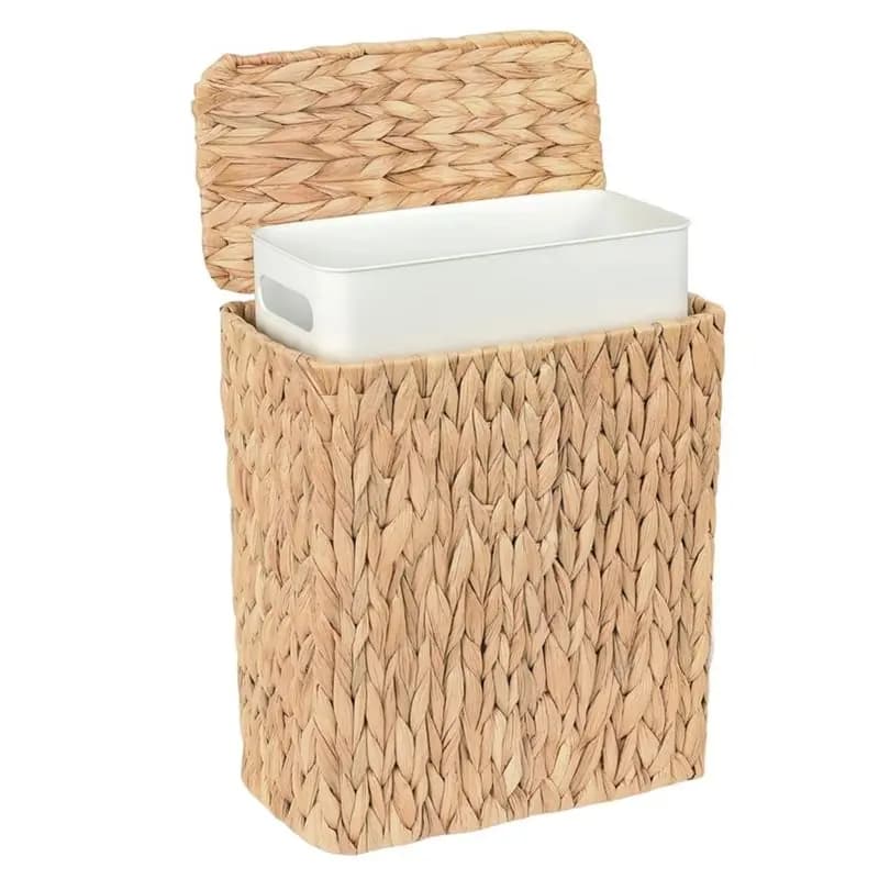 ABKY-Wicker Trash Can, 3 Gallon Bathroom Trash Can With Lid, Natural Water Hyacinth Waste Basket With Removable Liner