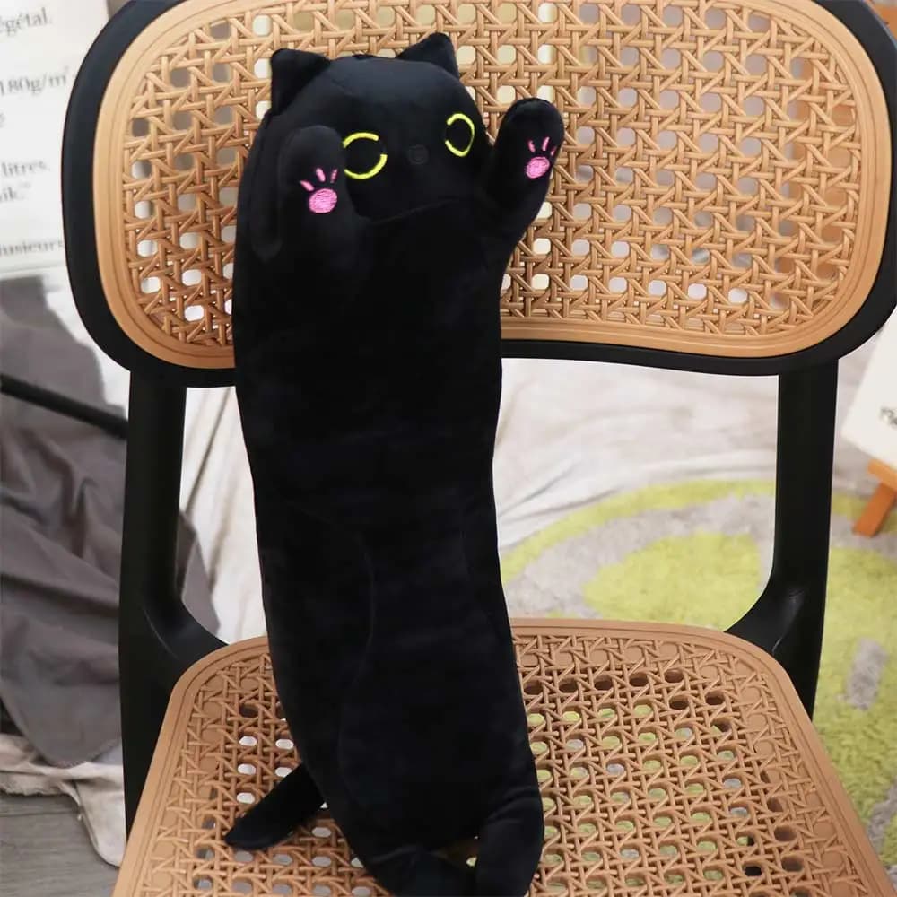 Cuscino Lungo a Forma di Gatto per Dormire, Peluche Gatto Nero 44cm, Decorazione Casa, Cuscino Kawaii per Abbracciare