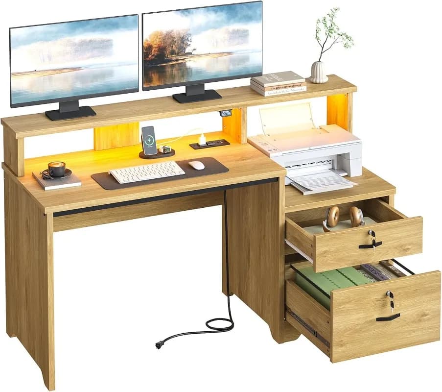Bestier Computer Desk with Power Outlets & LED Lights Home Office Desk with Lockable File Drawer & Printer Shelf Monitor Stand