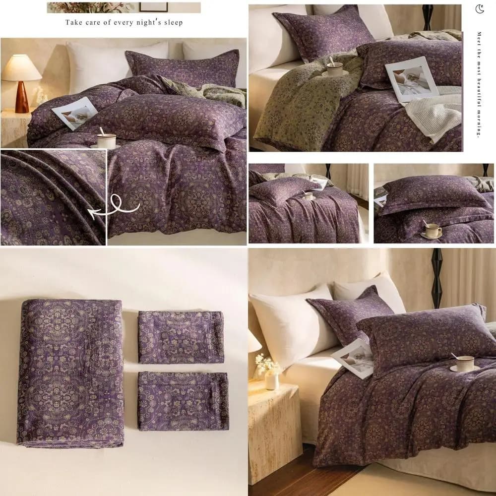 Set Copripiumino Reversibile Boho con Motivo a Medaglione in Verde Plissettato, Set Biancheria da Letto in Lino e Cotone a 3 Pezzi con Cerniera