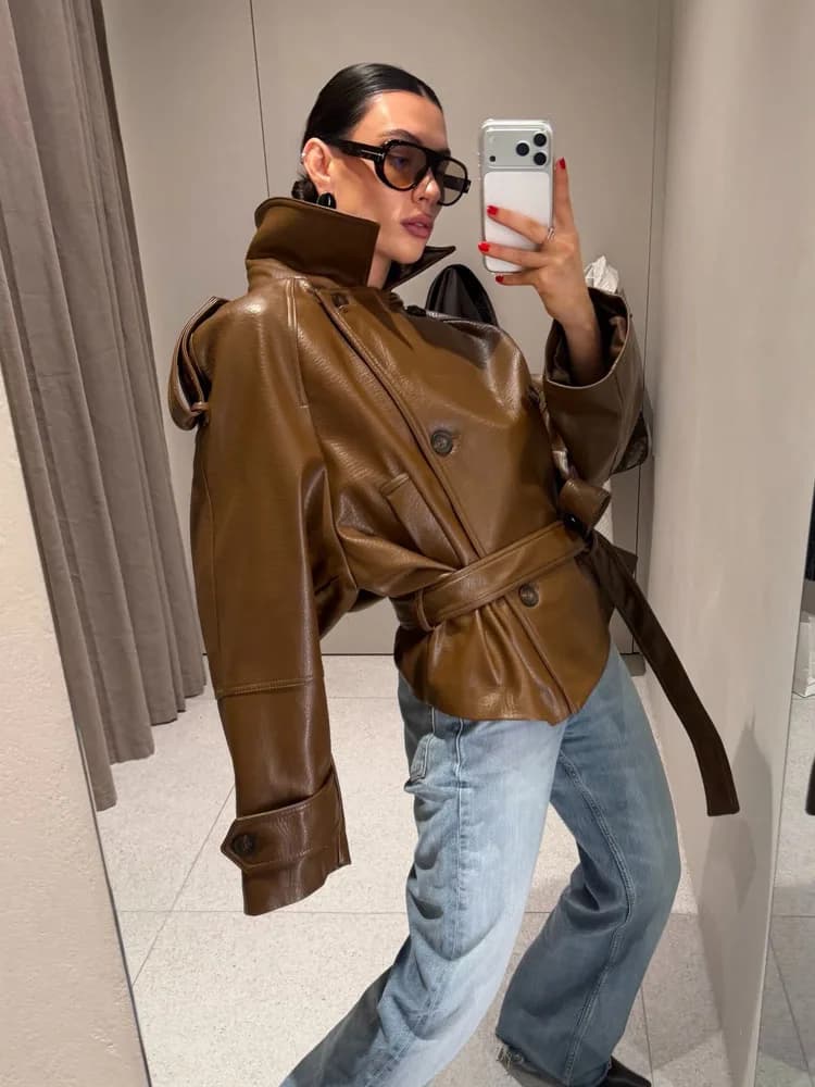 HH Nuova Giacca Casual da Donna alla Moda con Doppio Petto e Cintura, Maniche Lunghe, Stile High Street, Giacca Corta in Ecopelle con Risvolto