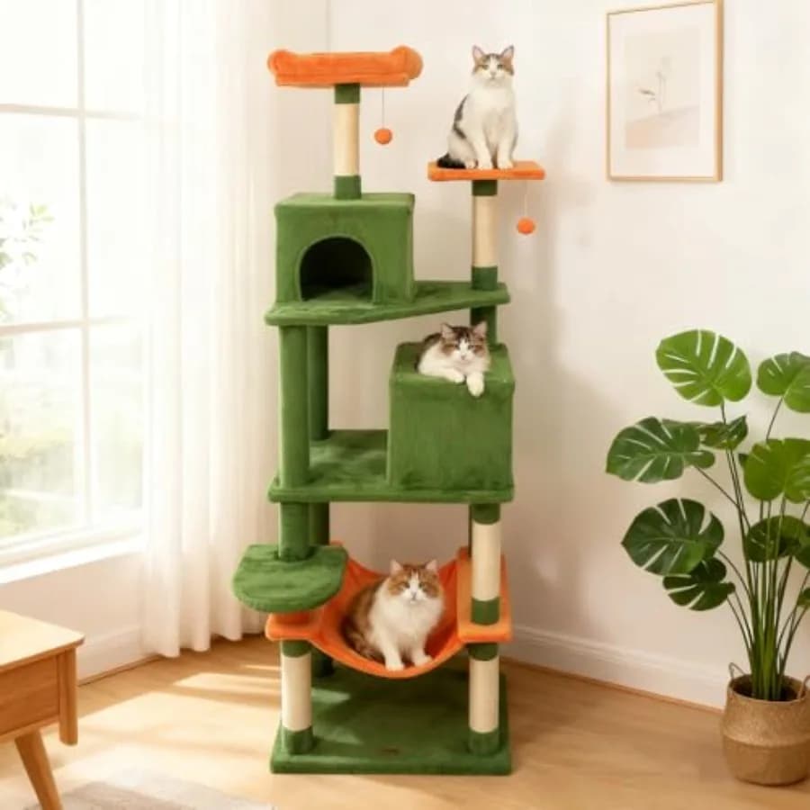 Albero per Gatti Moderno Alto 75 cm, Multi-Livello, con Tiragraffi in Sisal, Grandi Cuccette, Postazione Superiore, Amaca e Palline Pendenti per Gattini