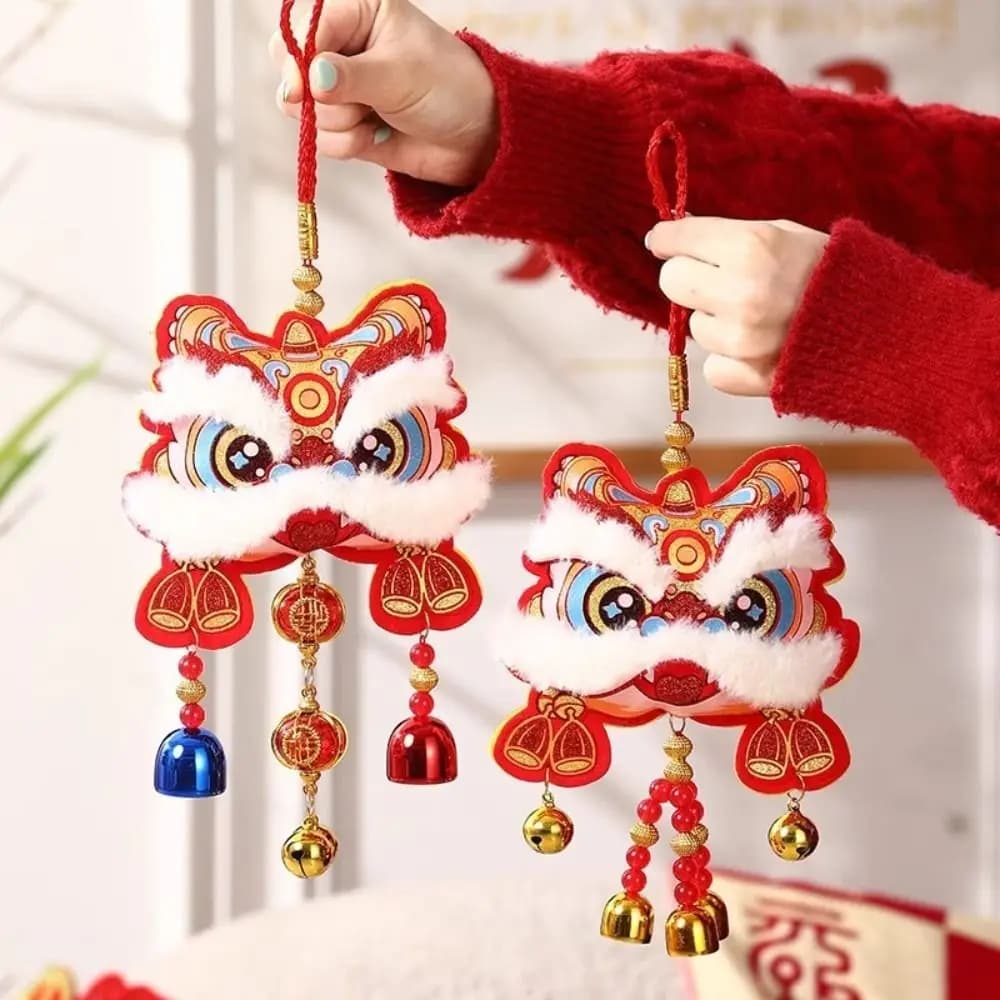 Traditional Chinese New Year Decoration Waking Lion with Bells Blessing Wind Chime Cartoon Wall Hanging Festive Season