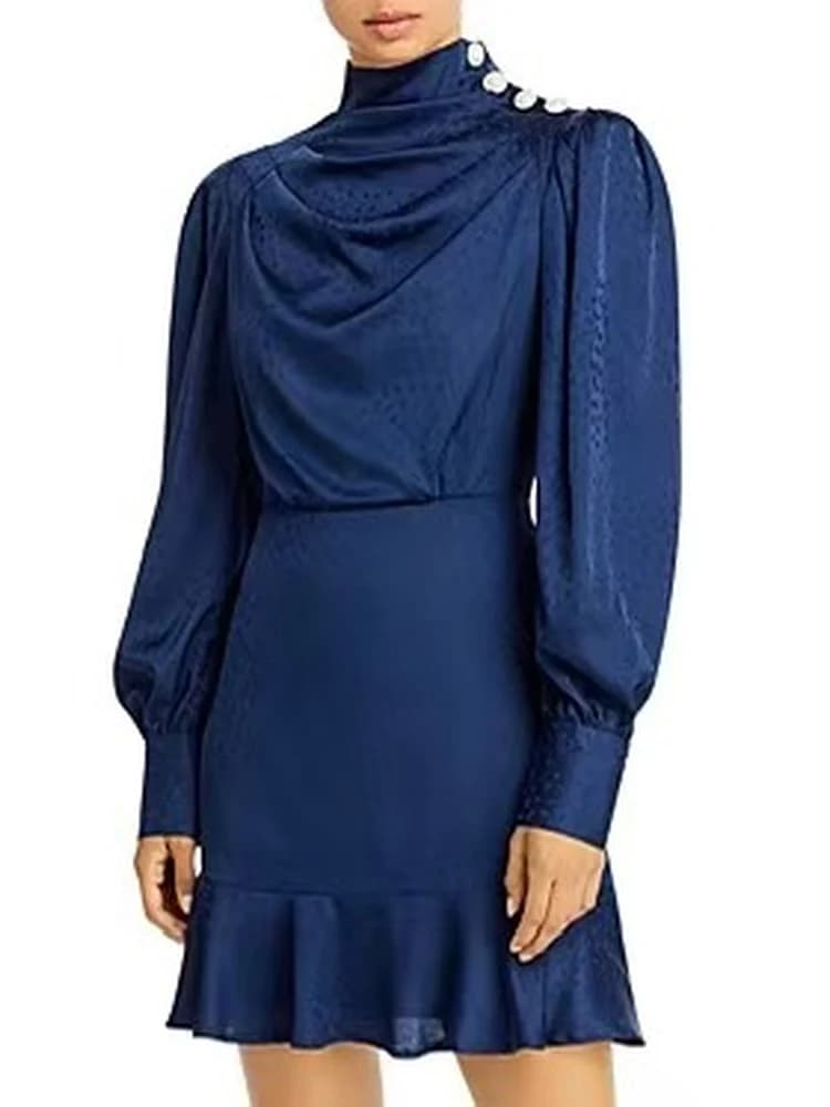 Elegante Abito Avvolgente con Bottoni e Maniche a Lanterna, Collo Alto, Silhouette a Linea A, in Tessuto di Poliestere, Adatto per Tutte le Stagioni