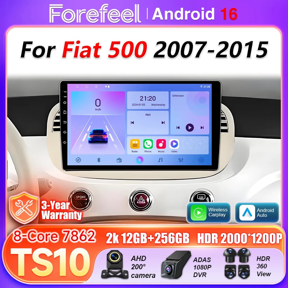 Android16 Auto Car Radio For Fiat 500 2007 2008 2009 - 2015 Carplay Multimedia Player 5G Wifi Video BT GPS Navigation Wireless