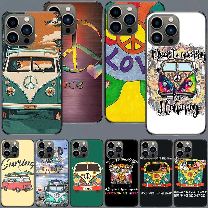 Custodia per telefono Hippie Peace Bus e girasole per Iphone 16 15+ Pro Max 17 Air 14 Plus 16E 13 Pro 12 Mini 11 Cover trasparente Silico