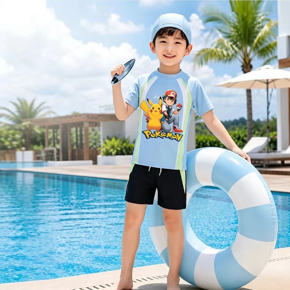 Pokemon Pikachu Boys 3In1 Swim Set W/swim Cap Split Short Sleeve Swimsuit Cartoon Kids Bathing Suit Summer Beach Pool Swimwear