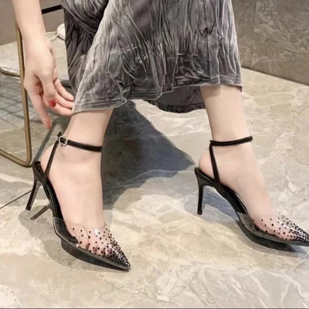 Pointed Toe Red Bottom Shoes Black PVC Rhinestones 2025 New Style Front-Covered Hot Diamond Strap Sandals For Women High Heels