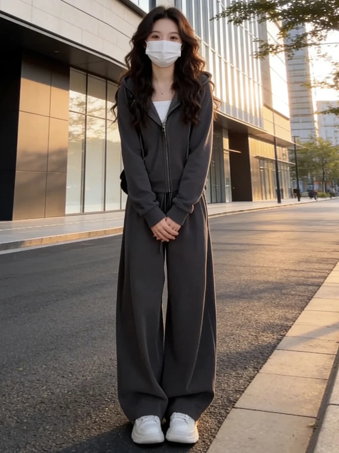 Fashionable Casual Women's Two-Piece Set Spring 2026 Hooded Open Cardigan Jacket High Waist Wide Leg Pants Slimming Ensemble