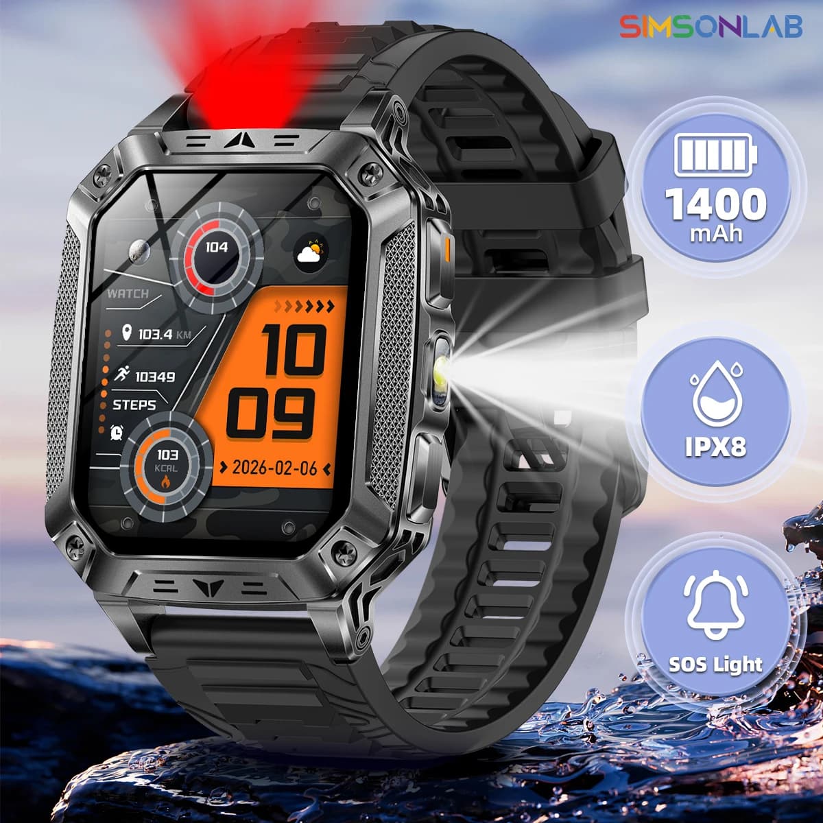 Sporty Smartwatch from Exterior 2026 with 2,01 Screen, Wireless Calls, Health Monitoring, Vocal Assistant, 1400 mAh Battery and Man Flashlight