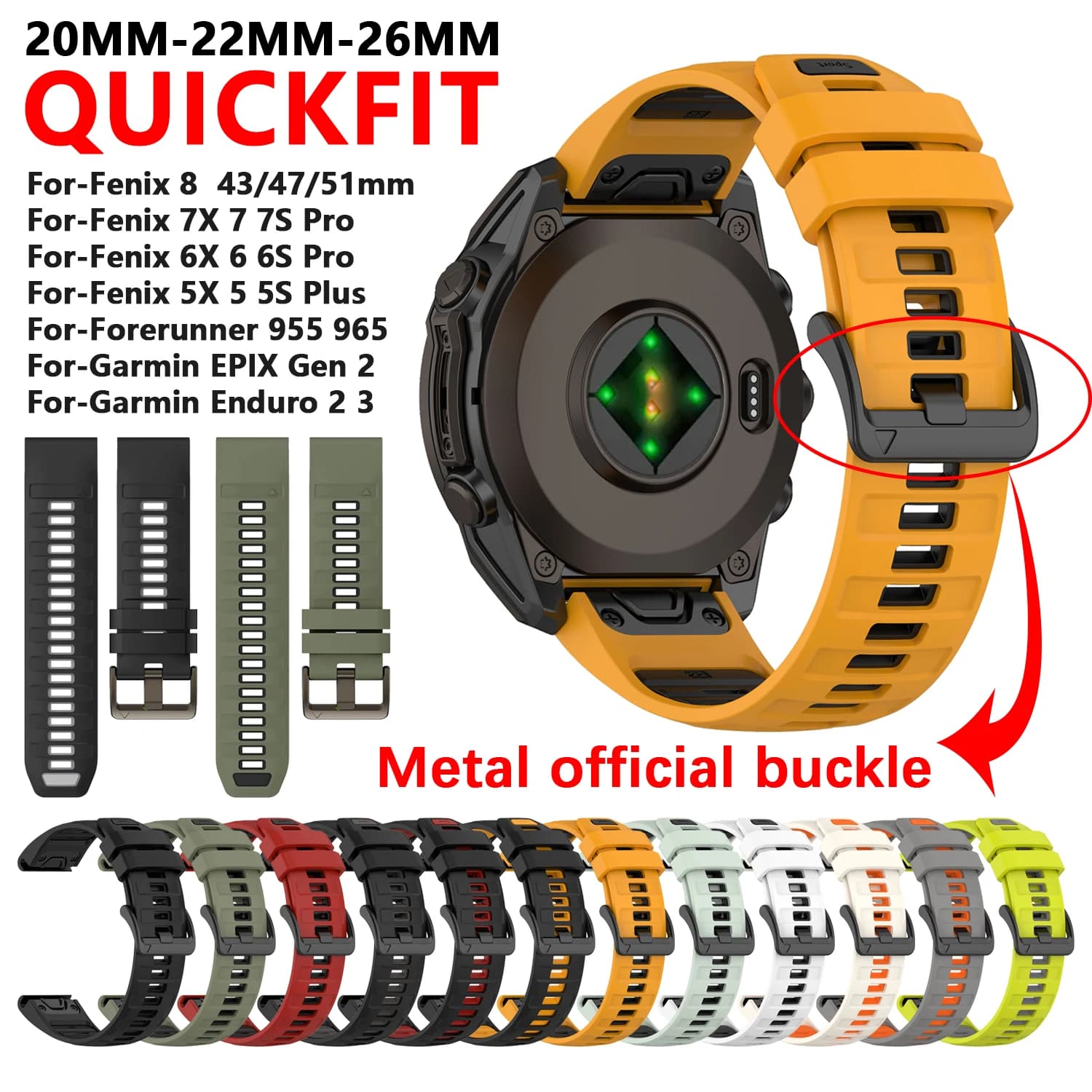 QuickFit 20 22 26mm Fenix 8 Watch Band For Garmin Fenix E 8 47/51/43mm 7 7X 6 6X Pro Epix Gen2 Enduro2 3 Silicone Strap Bracelet