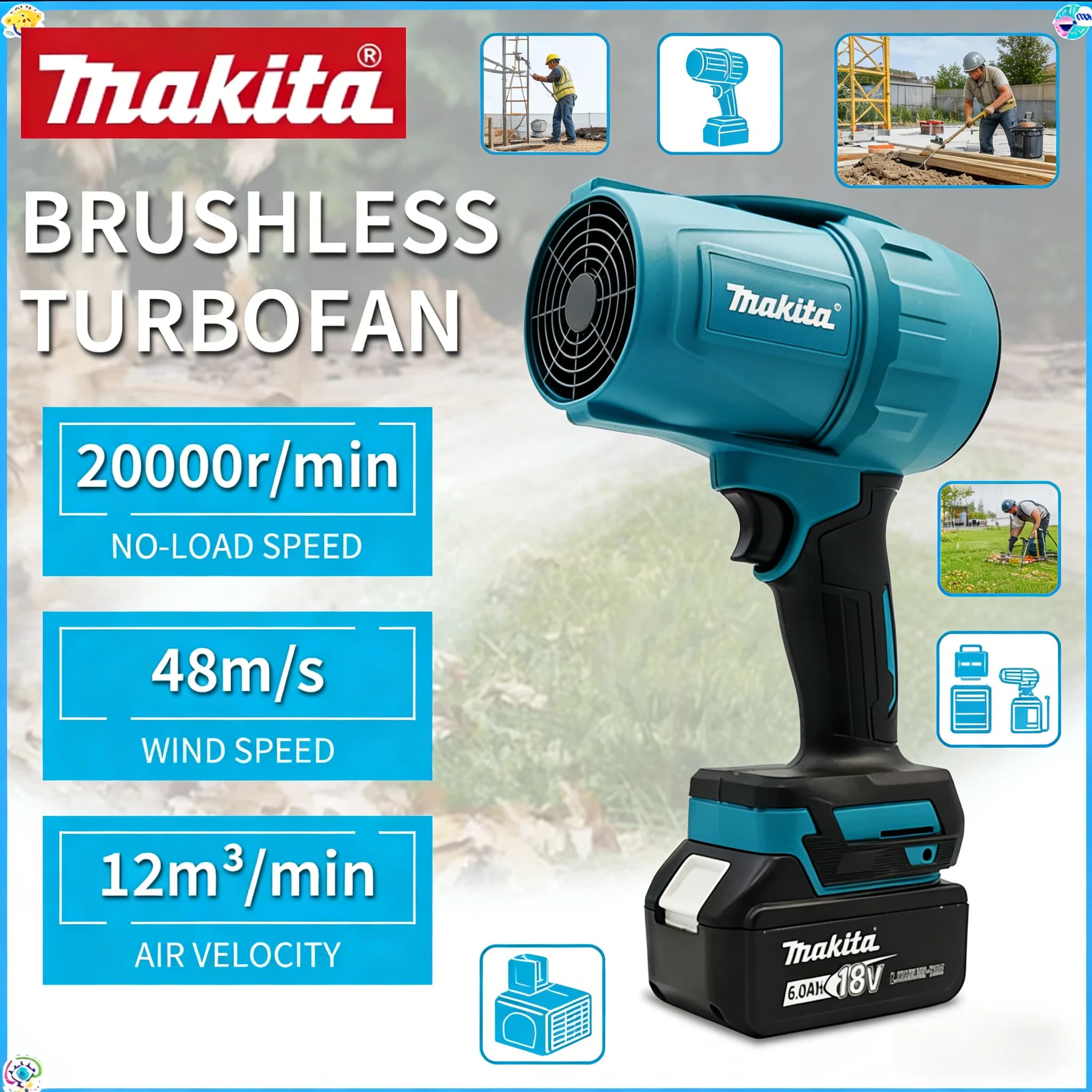 Makita Car Cleanin Violent Blower Turbo Jet Fan Soffiatore d'Aria Elettrico Ricaricabile con Luce, Strumento per la Pulizia Auto