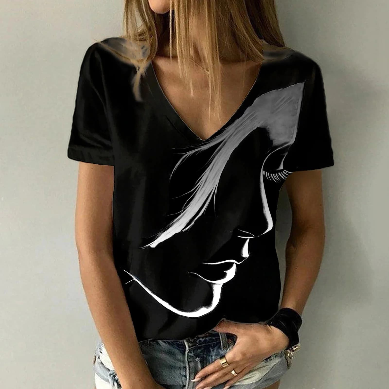T-shirt con scollo a V a maniche corte oversize moda donna T-shirt donna streetwear ragazza donna top ritratto astratto T-shirt con stampa 3D