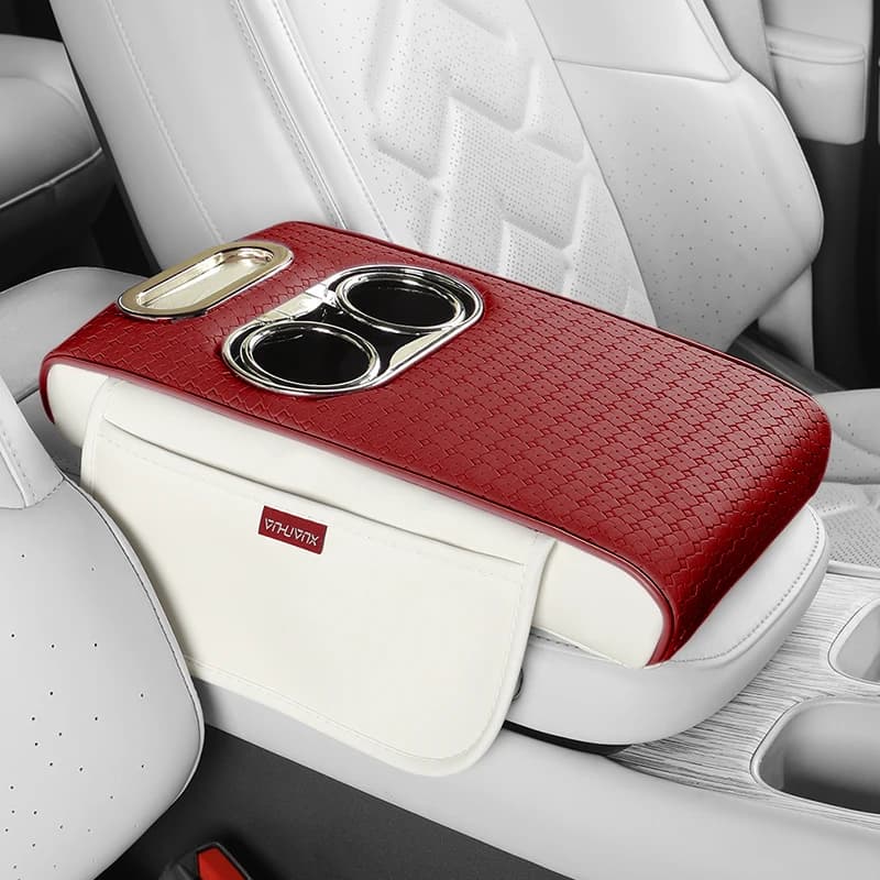 Tappetino Multifunzionale in Pelle Intrecciata per Bracciolo Auto, Aumento Altezza, Doppio Portabicchieri, Borsa Laterale Portaoggetti 33*20*5cm