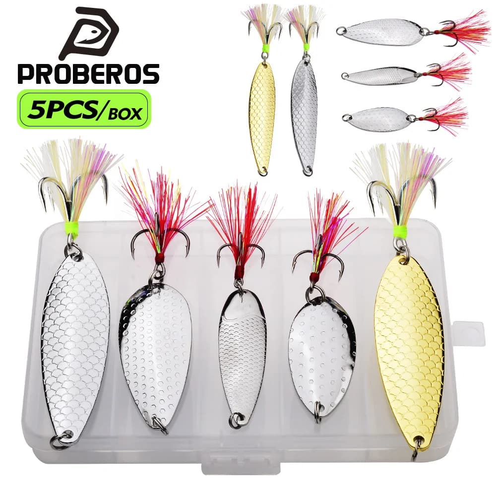 5 Pezzi/Scatola Esche Artificiali in Metallo VIB Leech Spinners Spoon Jig con Amo a Piuma per la Pesca di Spigola, Luccio e Persico