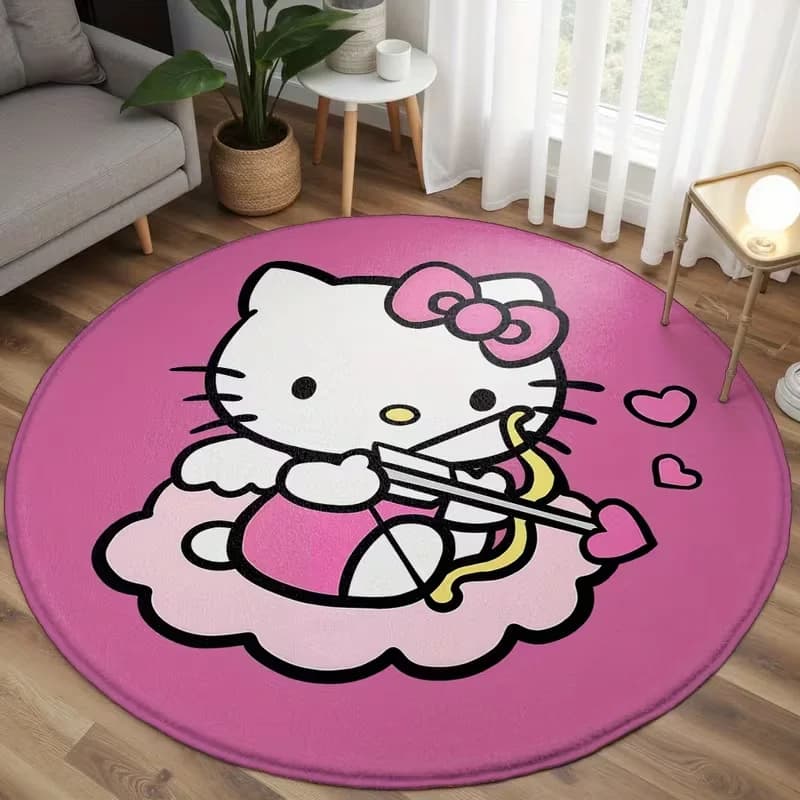 Pink Angel Cupid Hello Kitty Print Rug, Round Living Room Sofa Rug, Bedroom Bedside Floor Mat For Indoor Home Carpet