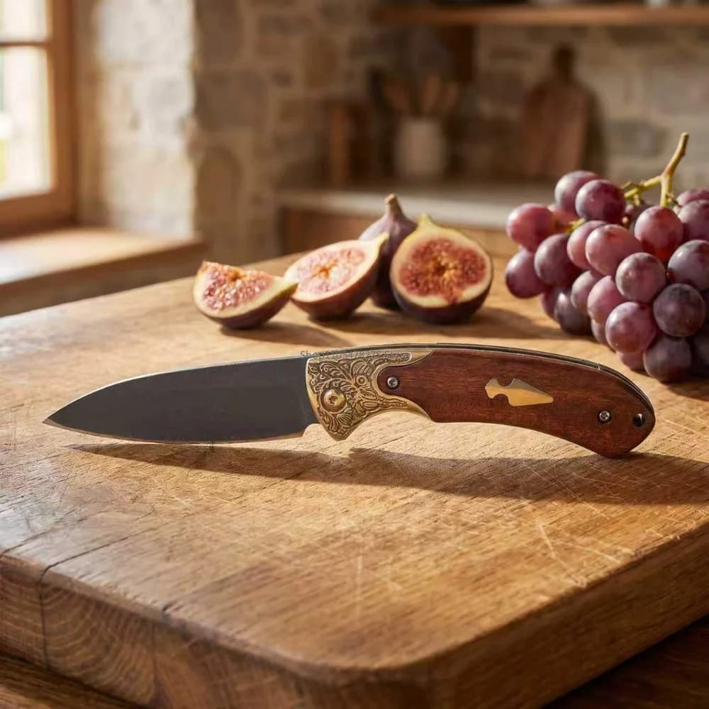 Exquisite Household Foldable Fruit Cutter Built 8Cr13Mov Steel Blade Polished Brass Sandalwood Handle Multi Daily Kitchen Tool