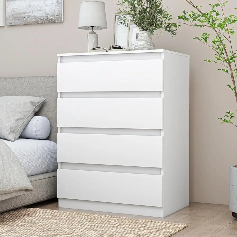 Comodino Moderno a 4 Cassetti, Tavolino Alto da 32 Pollici con Spazio Contenitivo, Elegante Tavolino Senza Maniglie per Camera da Letto o Soggiorno