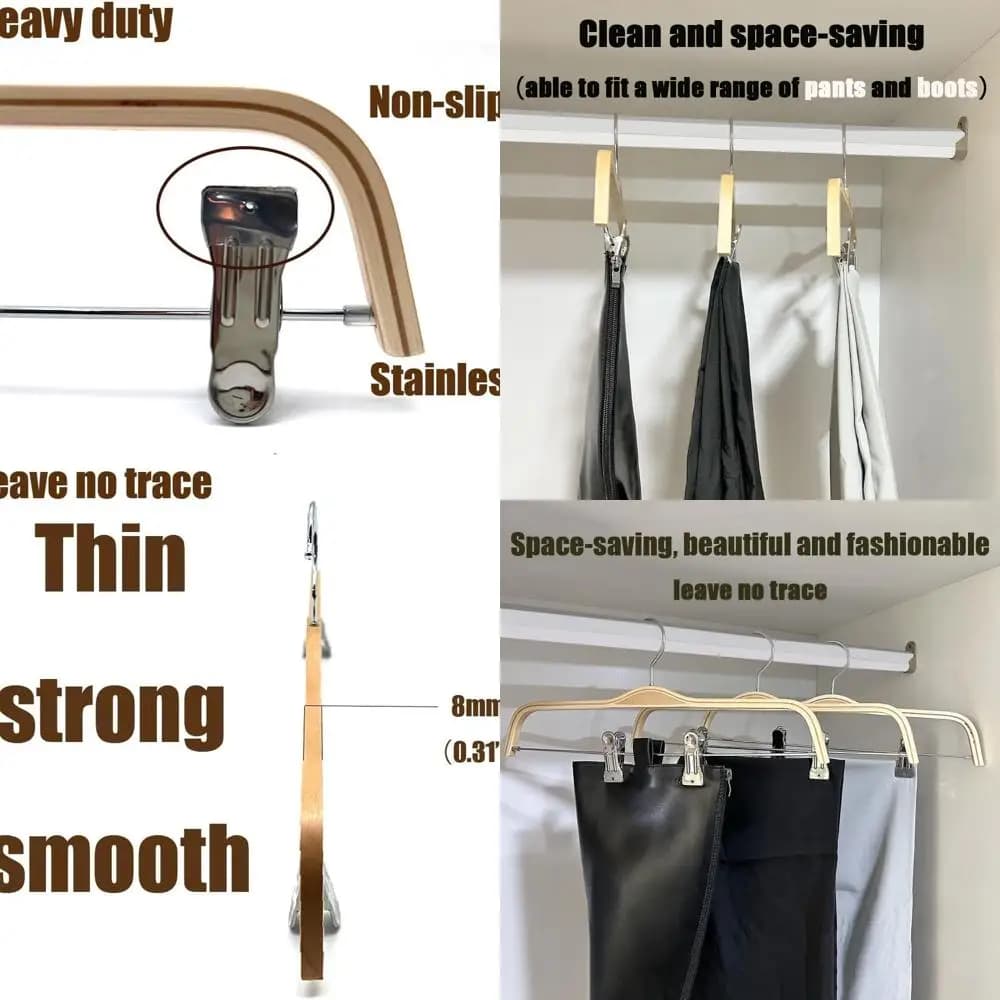Groups for natural wood trousers with adjustable clip for exposure of clothes - Clothes rack, lower hangers for pants, jeans, shorts