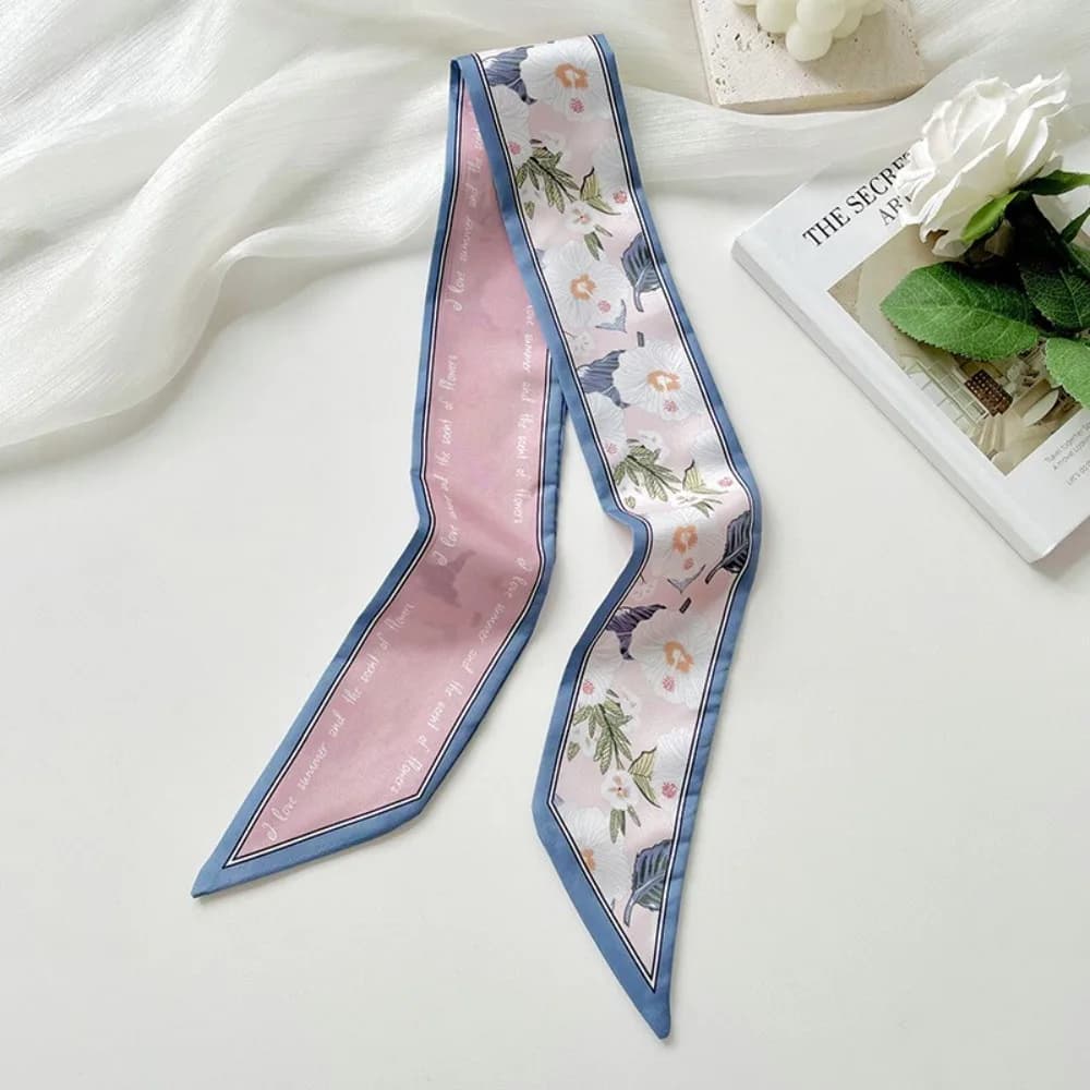 Elagant Floral Silk Satin Scarf Narrow Thin Neckerchief Tied Hairband Long Bag Decoration Vacation Headscarf