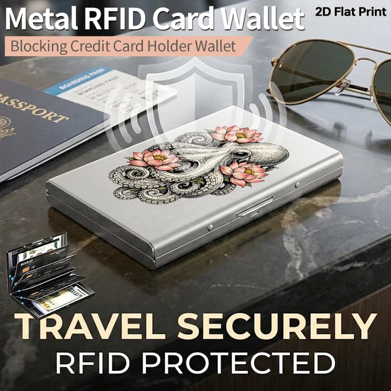 RFID Blocking Slim Metal Card Holder, Vintage Tattoo Octopus Lotus Pattern Pop Up Wallet, Minimalist Anti-Theft metal Credit Car