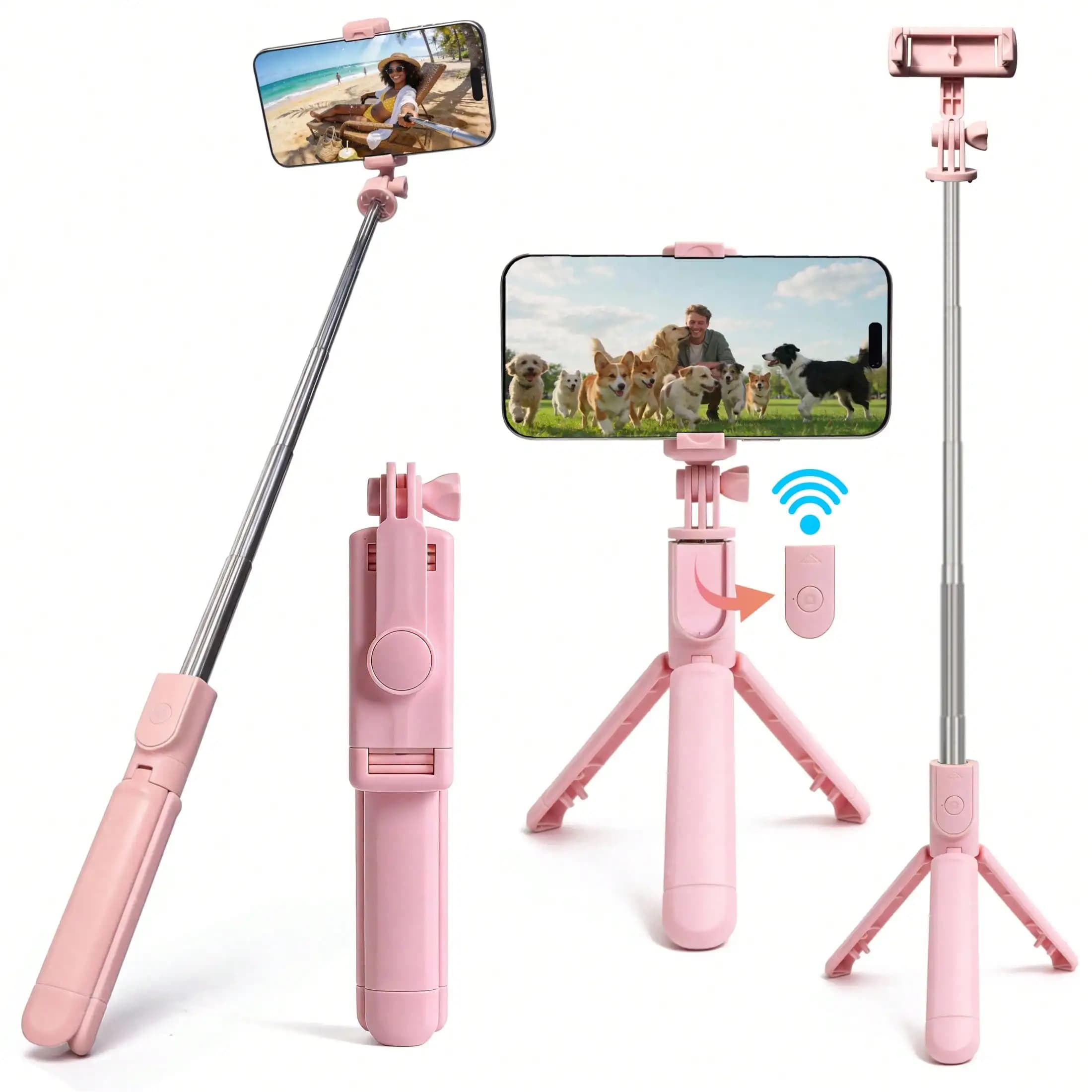 1PC Selfie Stick Wireless con treppiede integrato, telecomando, supporto per telefono e treppiede incorporato