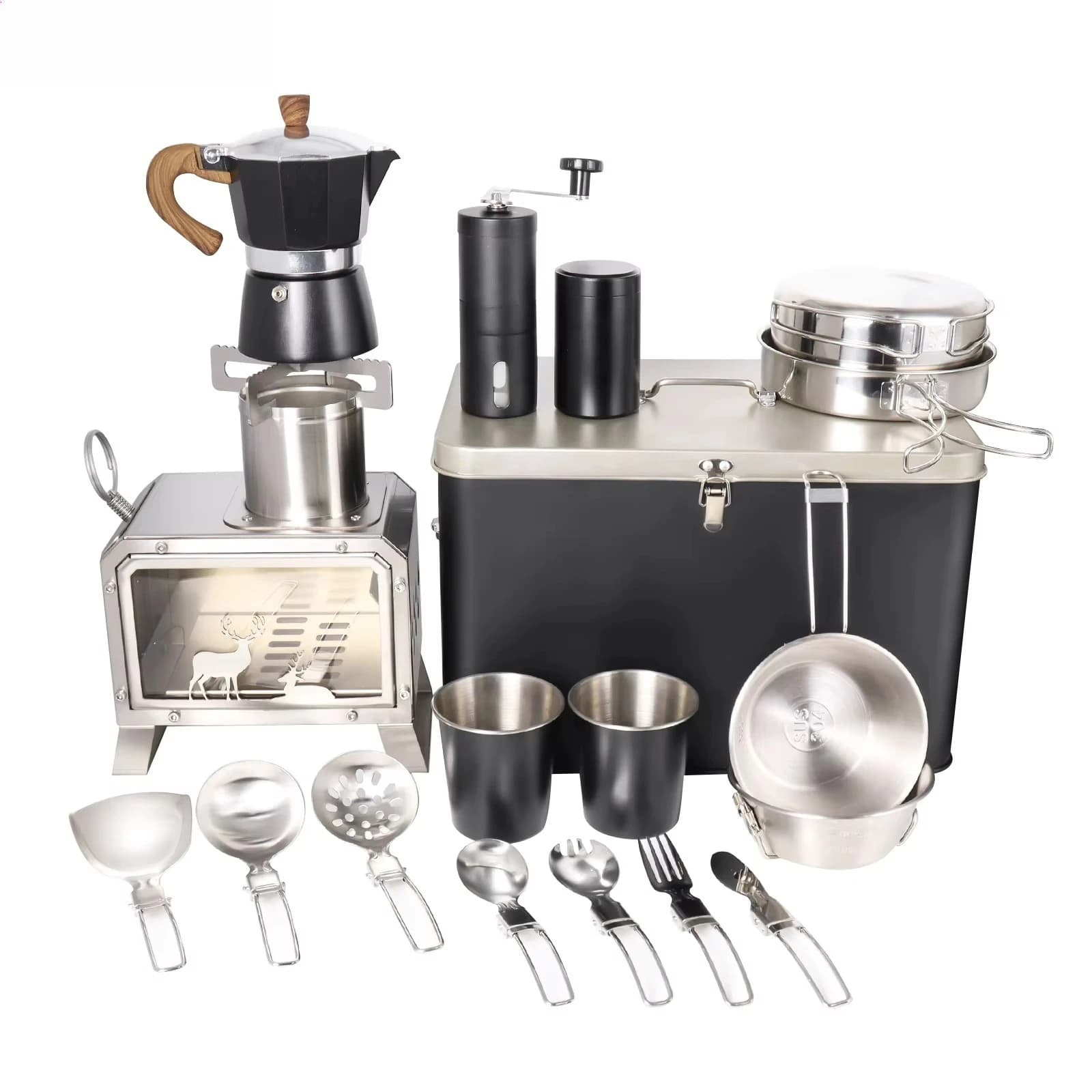 Camping Cutlery and Cookware Set for Hiking Picnic Camping - Includes Coffee Maker Tools