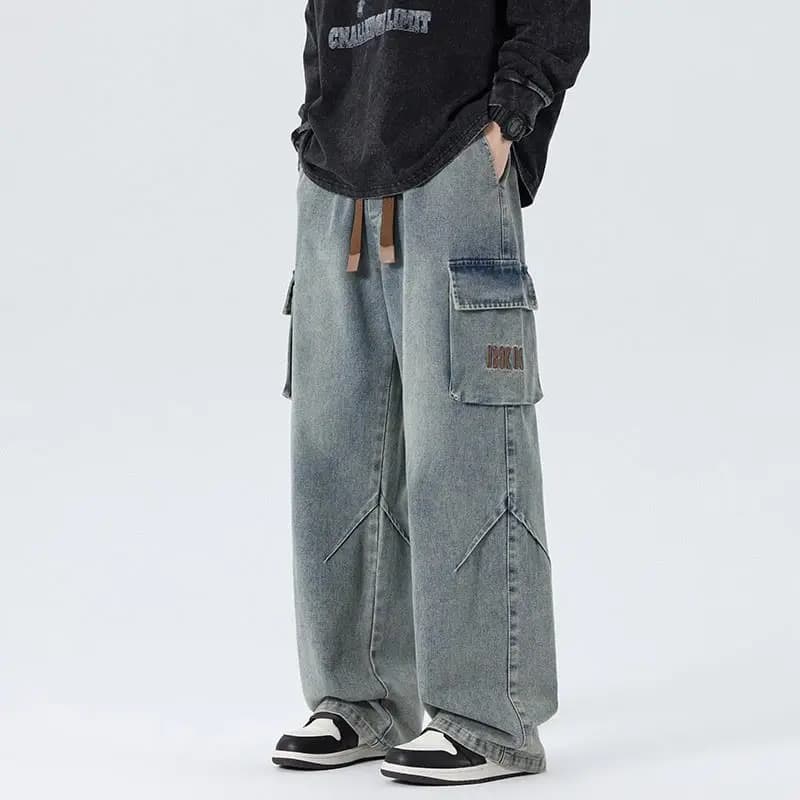 Men Wide Leg Cargo Jeans Vintage Streetwear Loose Baggy Denim Pants Casual Hip Hop Y2K Trousers