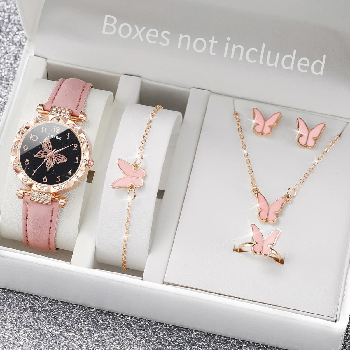 6 pezzi/set moda quadrante a farfalla orologio da donna cinturino in pelle orologi al quarzo set di gioielli (senza scatola)