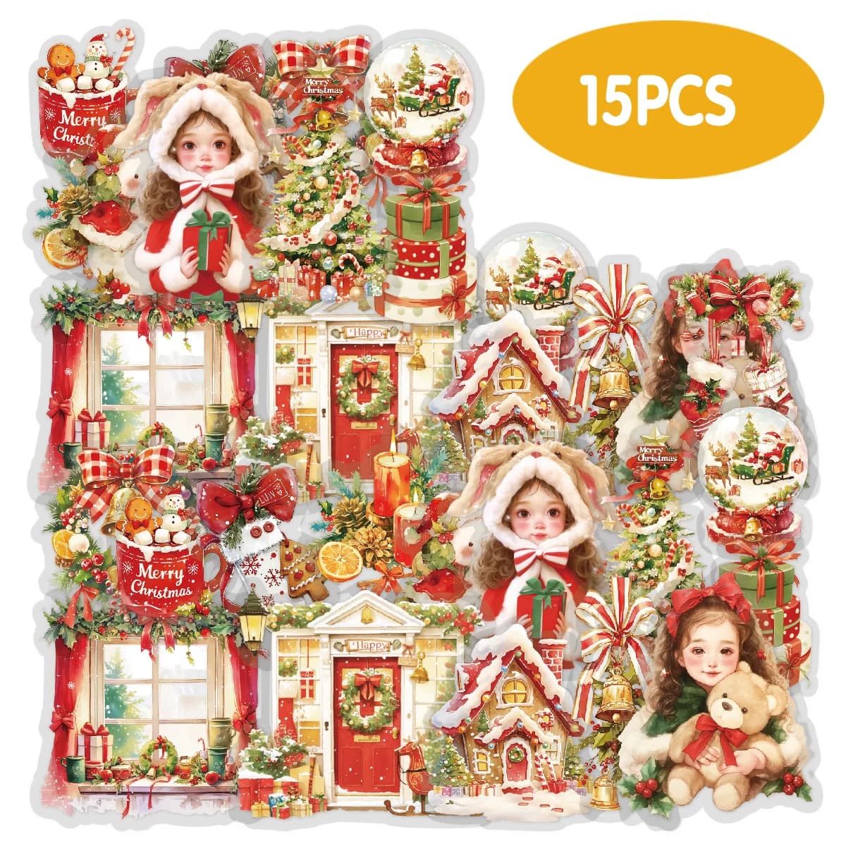 Etori Life 15 adesivi natalizi con motivo simpatico personaggio natalizio per decorare laptop, custodie per telefoni, valigie, scatole regalo, sacchetti di carta regalo, album fotografici, adesivi per bambini