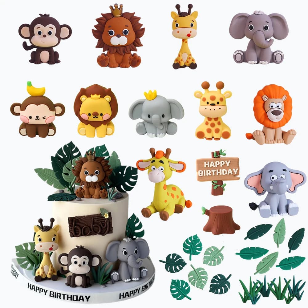 Graziosi topper per torta con animali della giungla, leone, elefante, scimmia, giraffa, per la prima festa di compleanno dei bambini, decorazione per torta, regalo per baby shower