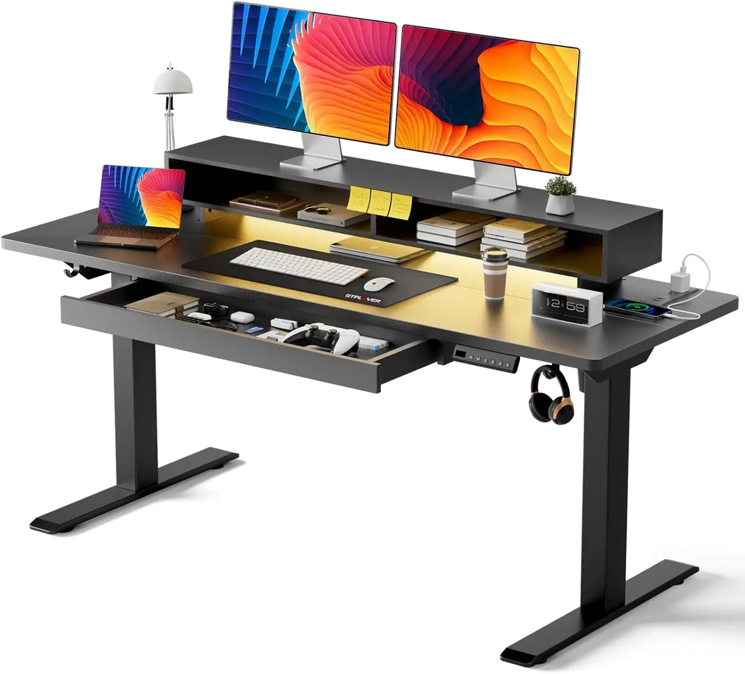 Scrivania elettrica regolabile in altezza con cassetti, 55x24 pollici, con supporto per monitor, prese di corrente e luci LED, scrivania sit-stand per ufficio domestico con preimpostazioni di memoria (Nero)