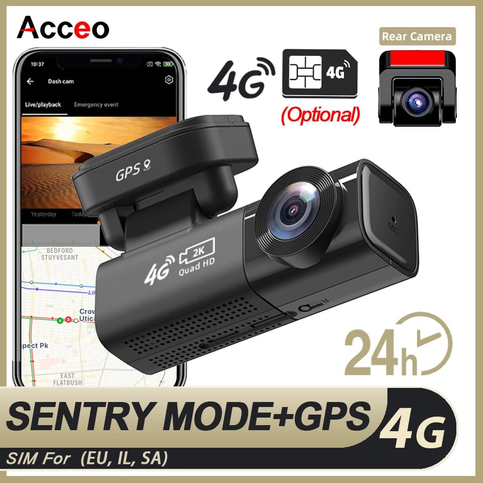 Dashcam Auto 4G LTE Acceo con Camera Anteriore e Posteriore 2K, Tracciamento GPS, Avviso di Collisione e View in Tempo Reale, Rilevamento Umano