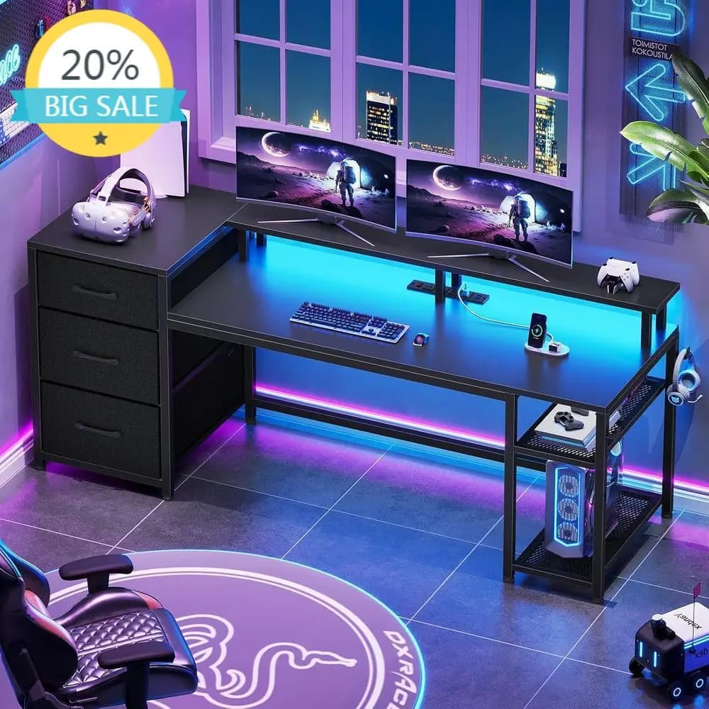 Scrivania da 59 pollici con cassetti, postazione di lavoro reversibile, scrivania da gaming con illuminazione a LED, spazio di archiviazione e presa di corrente, ideale per l'home office, la stampante