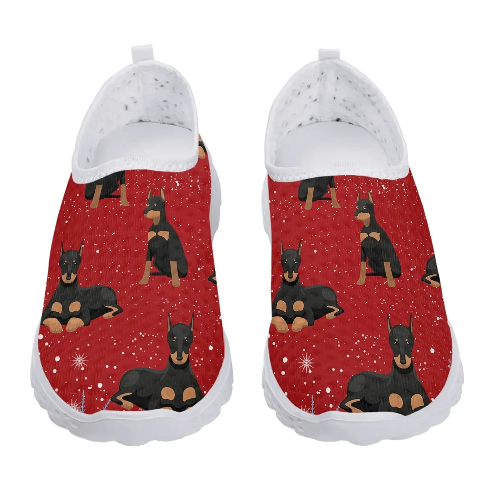Scarpe leggere, traspiranti e eleganti con stampa del Doberman tedesco, in rosso vino, mocassini casual senza lacci.