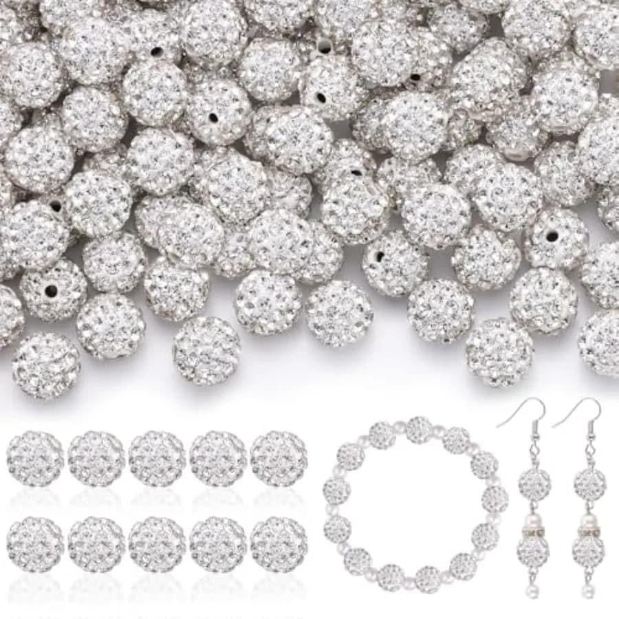 10mm Rhinestone Beads for Jewelry Making, Shiny Round Disco Ball Beads Bulk, Sparkle Crystal Clay Christmas Bead for Bracelet B