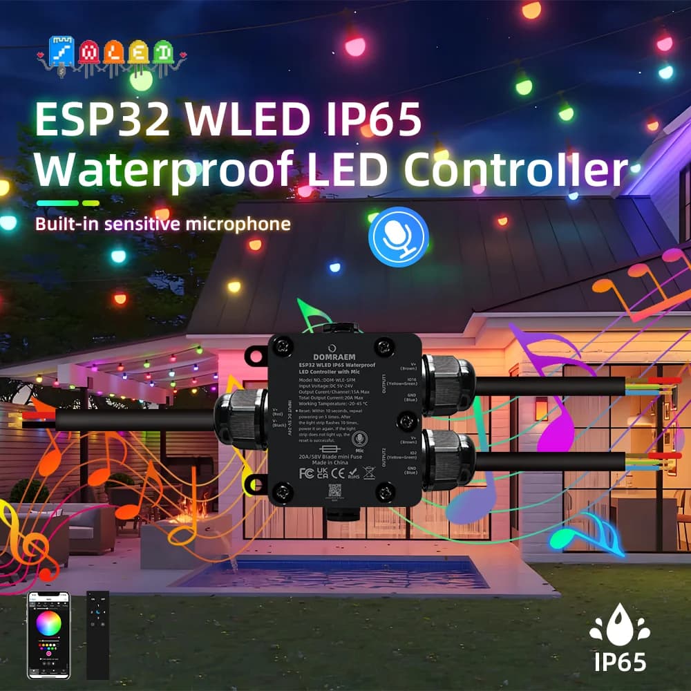 Controller LED DOMRAEM ESP32 WLED 2CH impermeabile IP65 | Uso esterno, fusibile da 20 A e sincronizzazione musicale | Supporta circuiti integrati WS281X SK6812 APA102