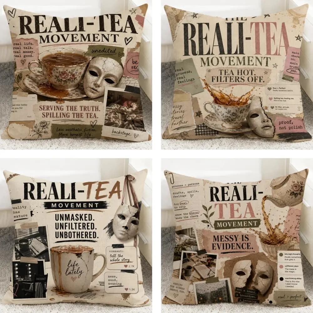 Pattern The Reali-TEA Movement Cushion Cover Cushion Covers Natural Linen Breathable Sofa Bedroom Decor Pillowcase