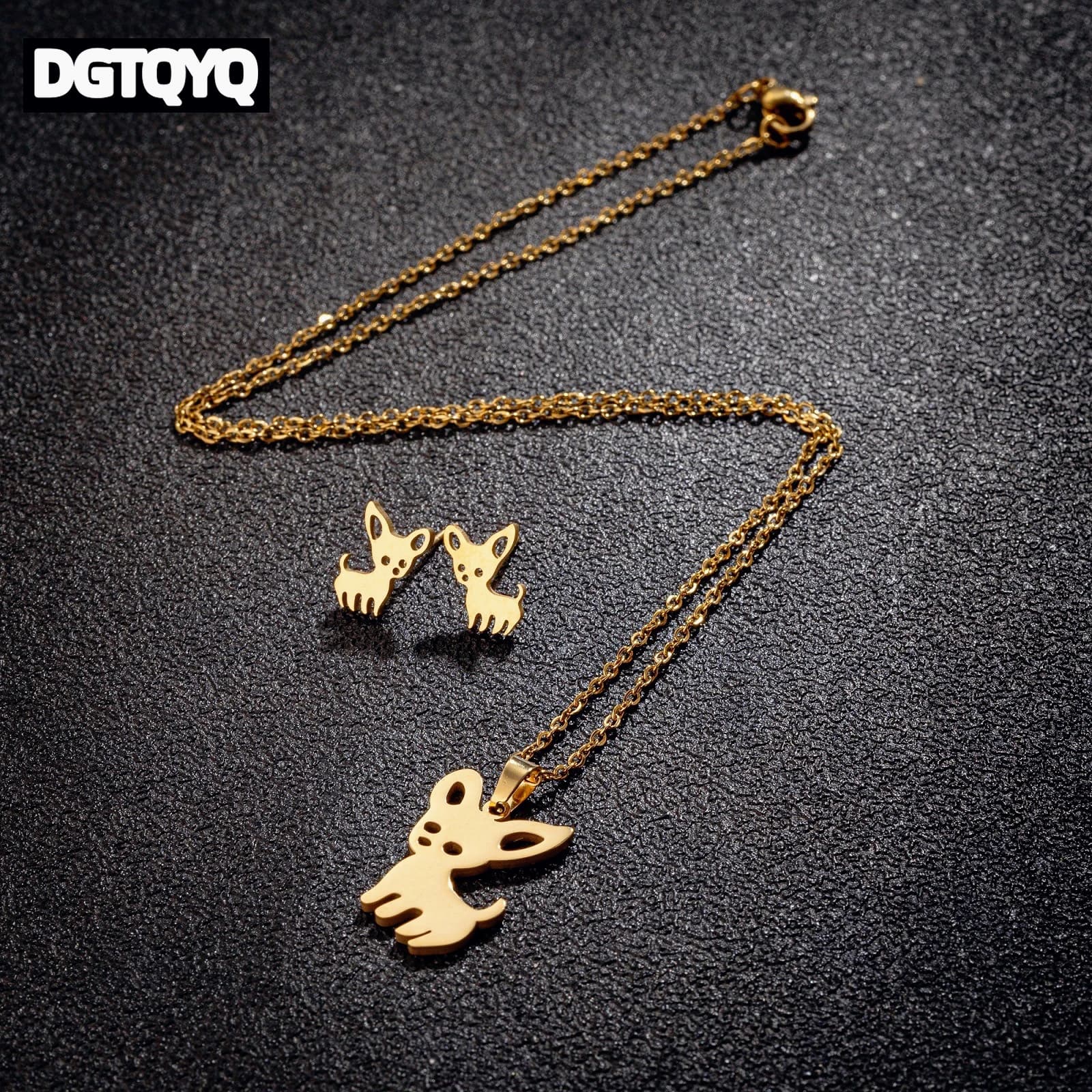 DGTQYQ Stainless Steel Chihuahua Pet Dog Necklaces Earrings Jewelry Sets for Women Tiny Fashion Pendientes