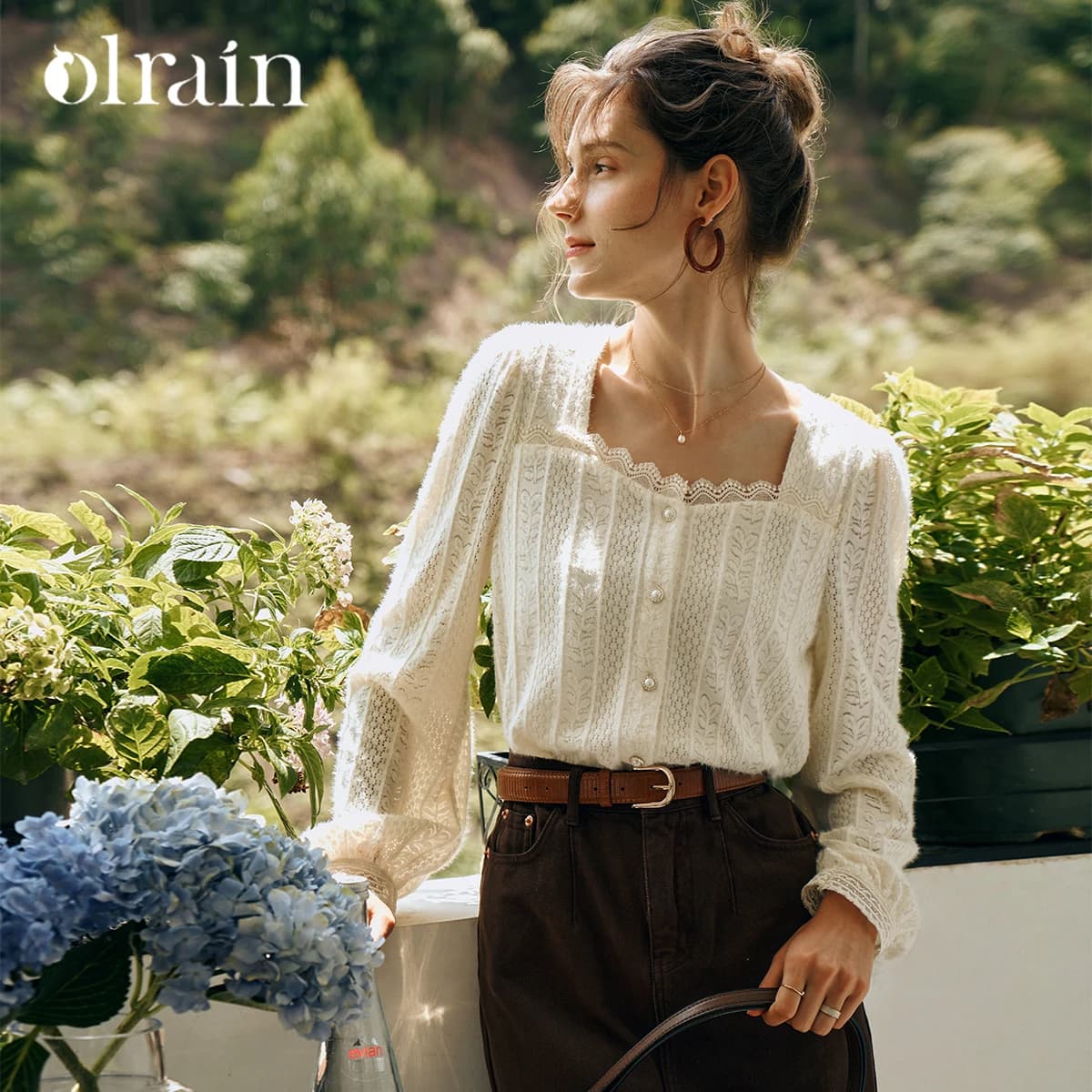 OLrain Creamy Apricot Lace Chiffon Shirt Women Autumn 2026 French Square Neck Elegant Blouse Office Daily Wear Top O57QX85513
