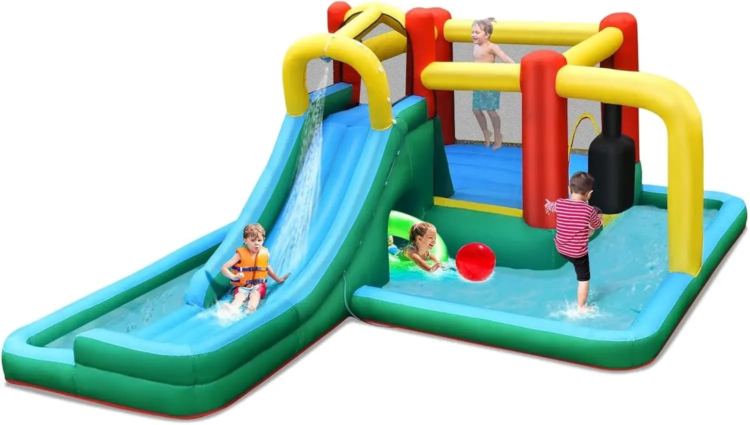 Scivolo d'acqua gonfiabile, parco acquatico gigante 6 in 1 con piscina, altalena e scivolo gonfiabile da esterno