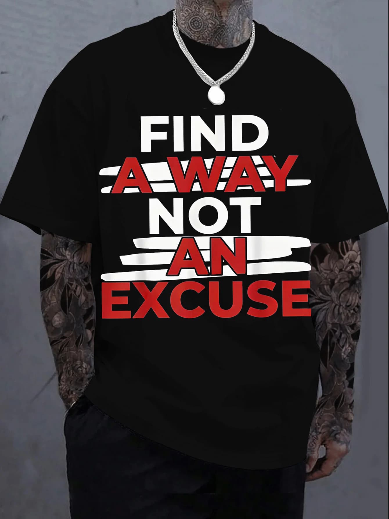 Men's Casual T-Shirt Find a Way Not an Excuse Enhance Printing Dark Gray with Red and White Font Round Neck Short Sleeve Regular Fit Machine Washable Durable All Year Comfortable Men's Top, PLUS SIZE