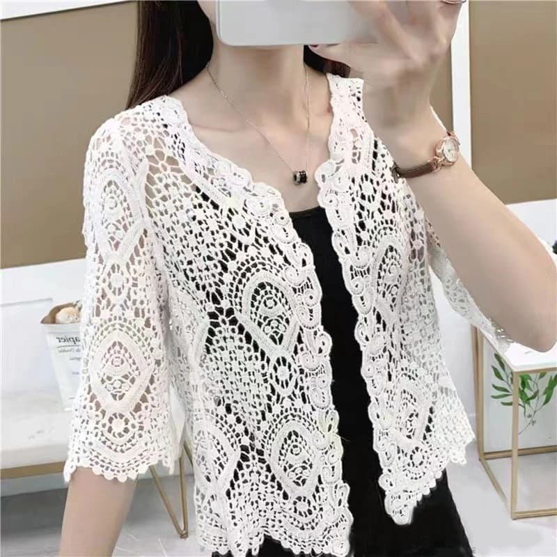 Coprispalle da donna in pizzo lavorato a maglia Boho Hollow Crochet floreale maniche a 3/4 aperto sul davanti cardigan corto elegante maglione in rete Coveup