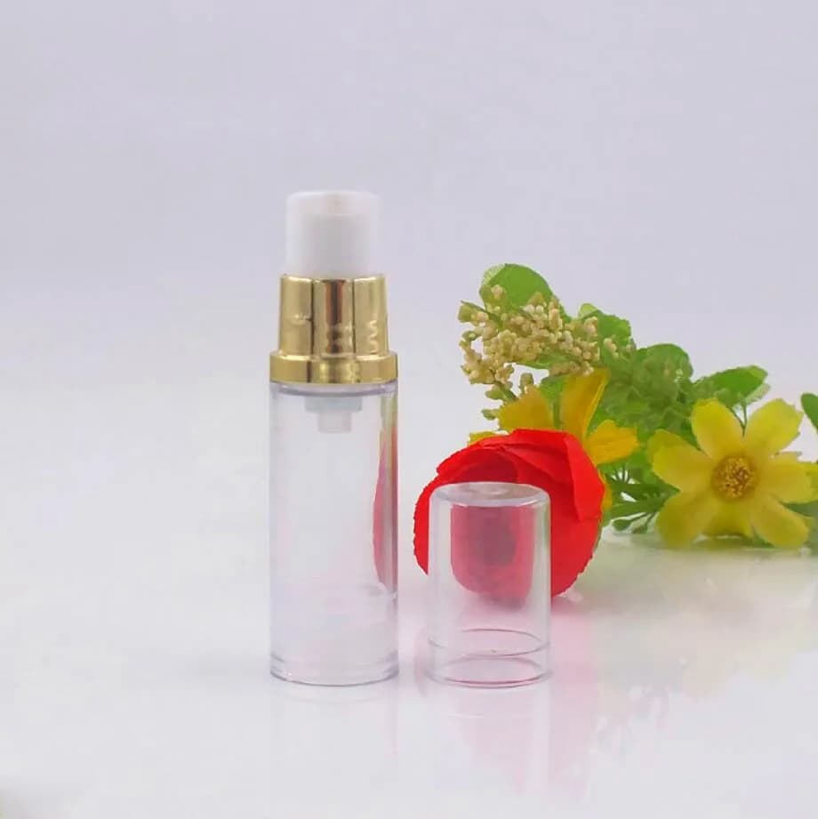 Flacone airless in plastica trasparente da 5 ml, pompa dorata, lozione/emulsione/siero/fondotinta/essenza per gli occhi, toner, nebulizzatore, confezione per la cura della pelle