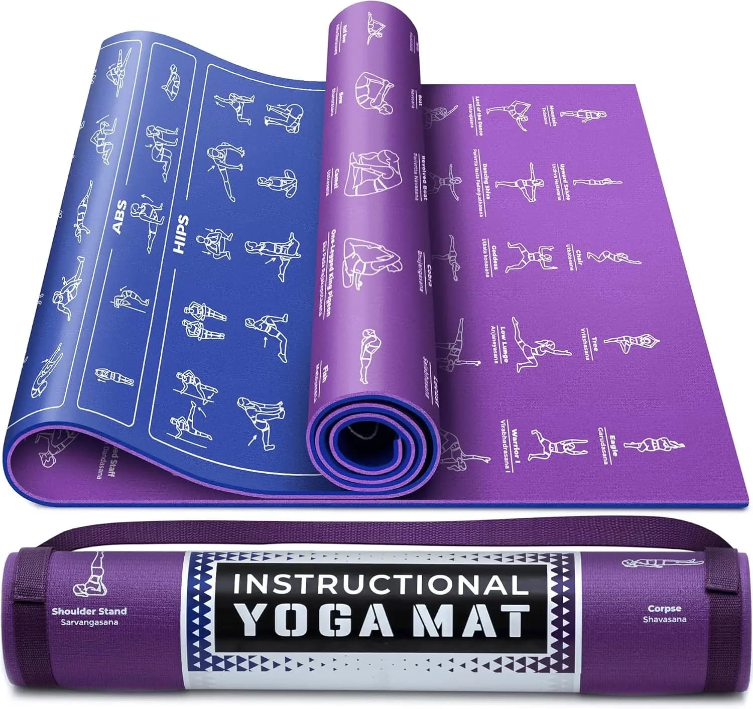 Yoga Mat with Instructions and Strap for Transport: 75 Pose and Illustrated Exercises, Women and Men's Anti-slip