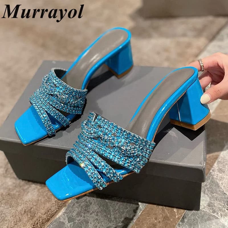 Bling Bling Decorazioni con strass Pantofole in vera pelle da donna Punta quadrata Punta aperta Sandali con tacco quadrato Scarpe eleganti estive