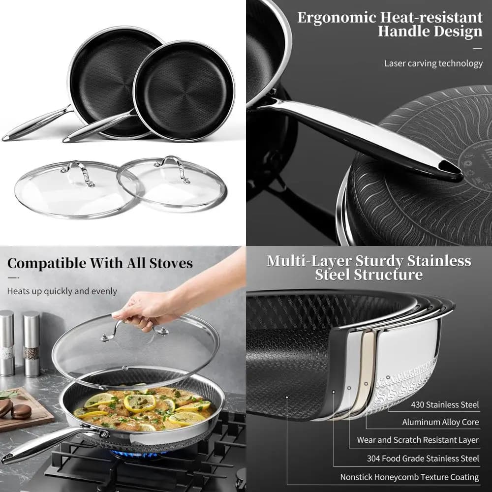 Set of stainless steel non-stick pans, 10 and 12 inches with covers, safe for cooking, titanium ceramic coating, large kitchen