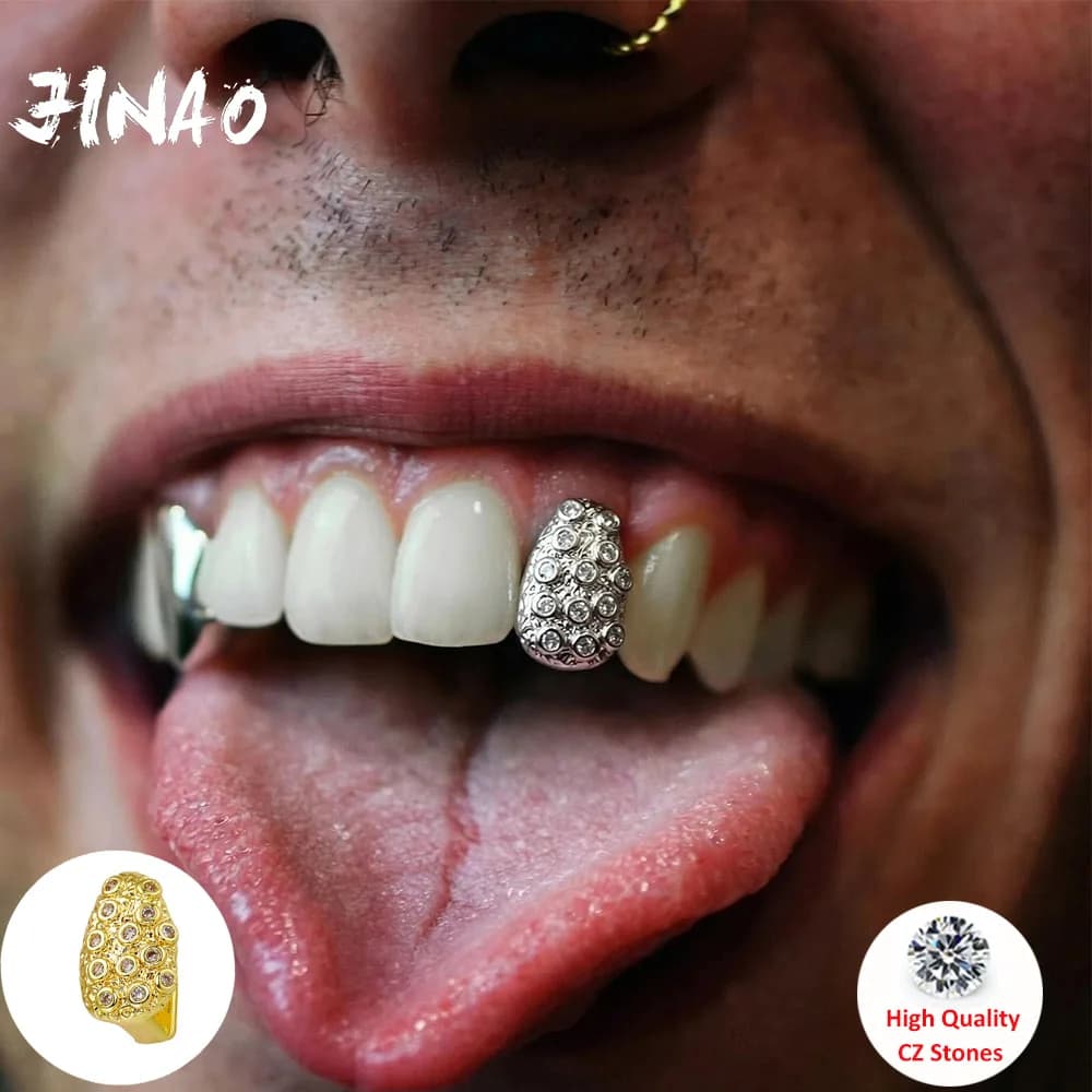 JINAO Grillz Hip Hop da uomo, singolo dentale o completo, con zirconi cubici (CZ) e design geometrico rotondo, lucido, stile Punk Rapper, per denti superiori e inferiori, regalo di Natale