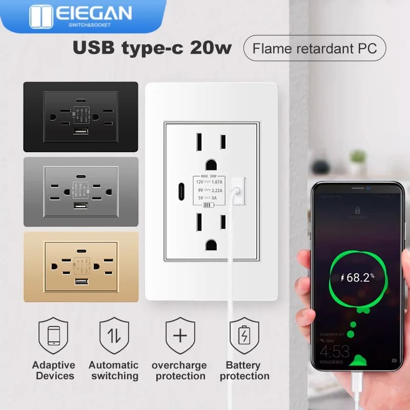 ELEGAN PC pannello 20W US TH Prese standard USB Wall Smart Home Appliance Adattatore USB Type-c 2.1A Caricatore rapido Presa Hogar